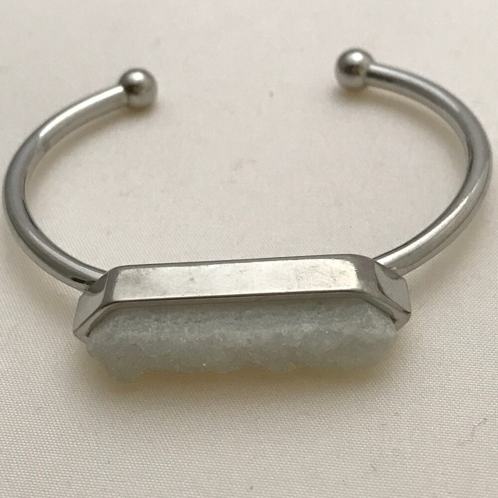 Silver Tone White Druzy Quartz Bar Cuff Bracelet - Kinsley Armelle